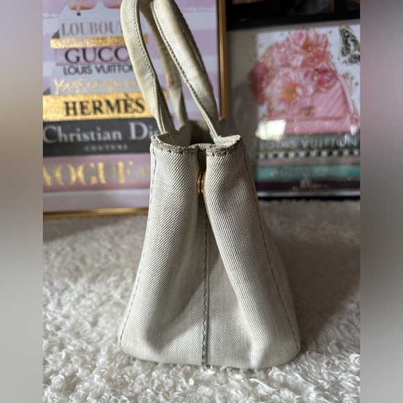 Vintage Prada Small Canapa Denim Logo Tote in Bianco Grey/white - Picture 3 of 16